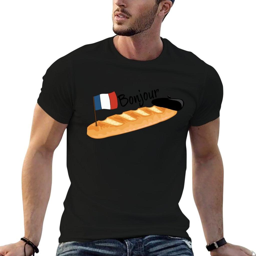 Bonjour Oui Oui Baguette - Funny French T-Shirt Sports Casual Short Sleeve Cotton Tee