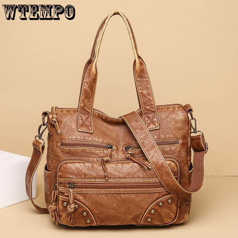 WTEMPO Ретро мытая кожаная сумка Модная женская большая сумка большой емкости с несколькими карманами