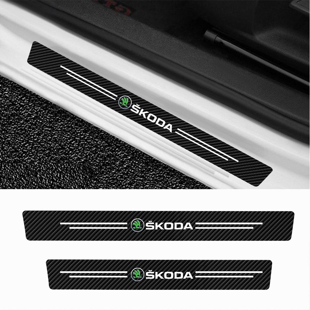 AAFM1 4pcs Car Door Threshold Carbon Fiber Scuff Plate Sticker For Skoda Octavia Kodiaq Fabia Superb Rapid Kamiq Karoq Derivati Enyaq
