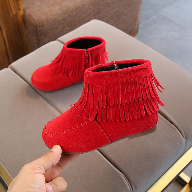 Winter Girls Fringes Ankle Boots Flock Warm Rubber Boots Toddler Kids Cotton Padded Tassels Boots Red Pink Black Color