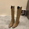 Модные женские ковбойские сапоги, модные квадратные сапоги на низком каблуке, элегантные женские длинные сапоги без застежек, зимняя обувь с острым носком для женщин