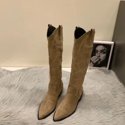 Модные женские ковбойские сапоги, модные квадратные сапоги на низком каблуке, элегантные женские длинные сапоги без застежек, зимняя обувь с острым носком для женщин