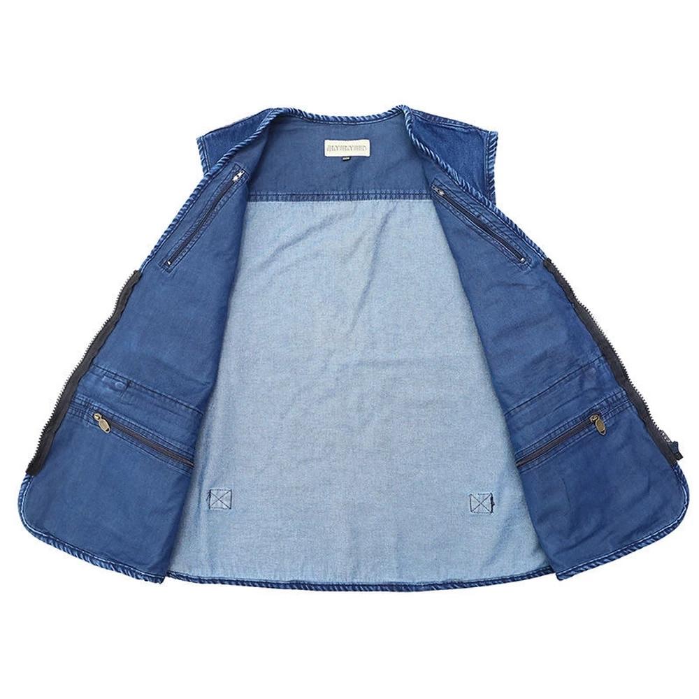 Denim Men Vest Sleeveless Jackets Blue Casual Fishing Vest with Many Pockets Male Vest