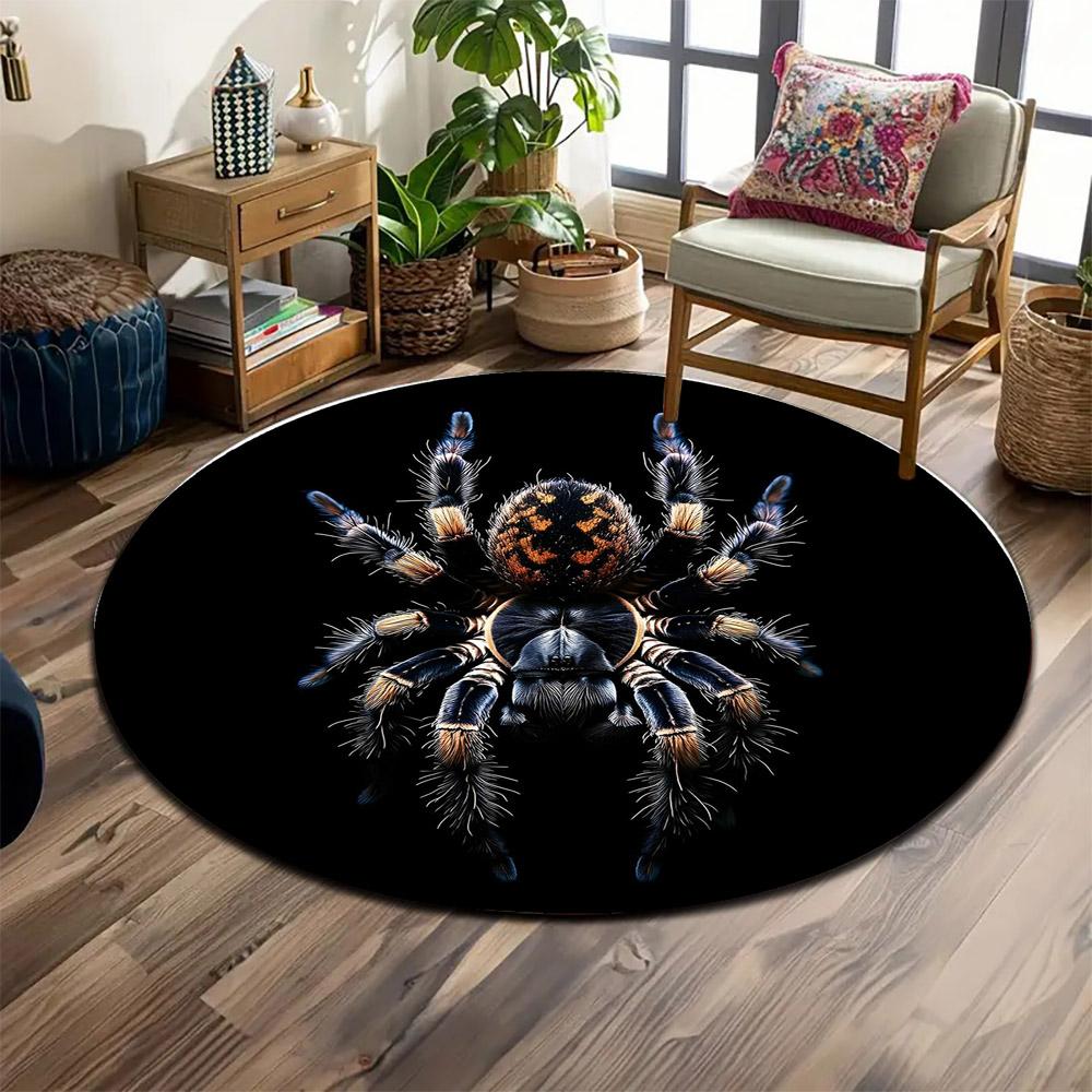 Colorful Tarantula on Black Background Print round rug, living room, bedroom, playroom carpet, non slip floor mat, gift