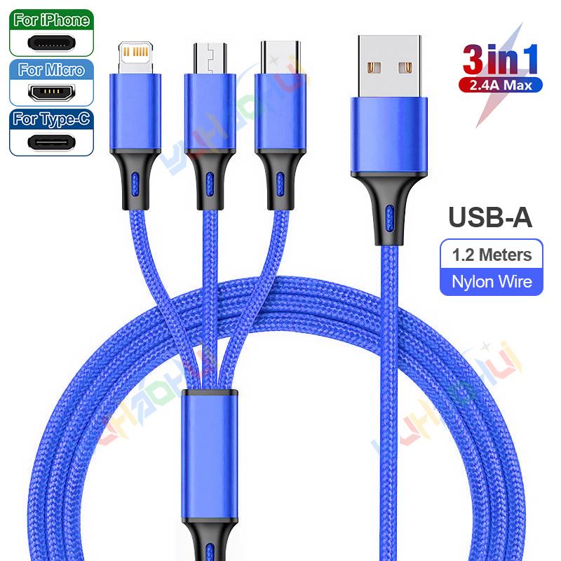 2.4A Макс. 3 в 1 USB-кабель для быстрой зарядки Lightning-кабель для iPhone Type C Кабель для зарядки мобильного телефона для Xiaomi Samsung USB Micro