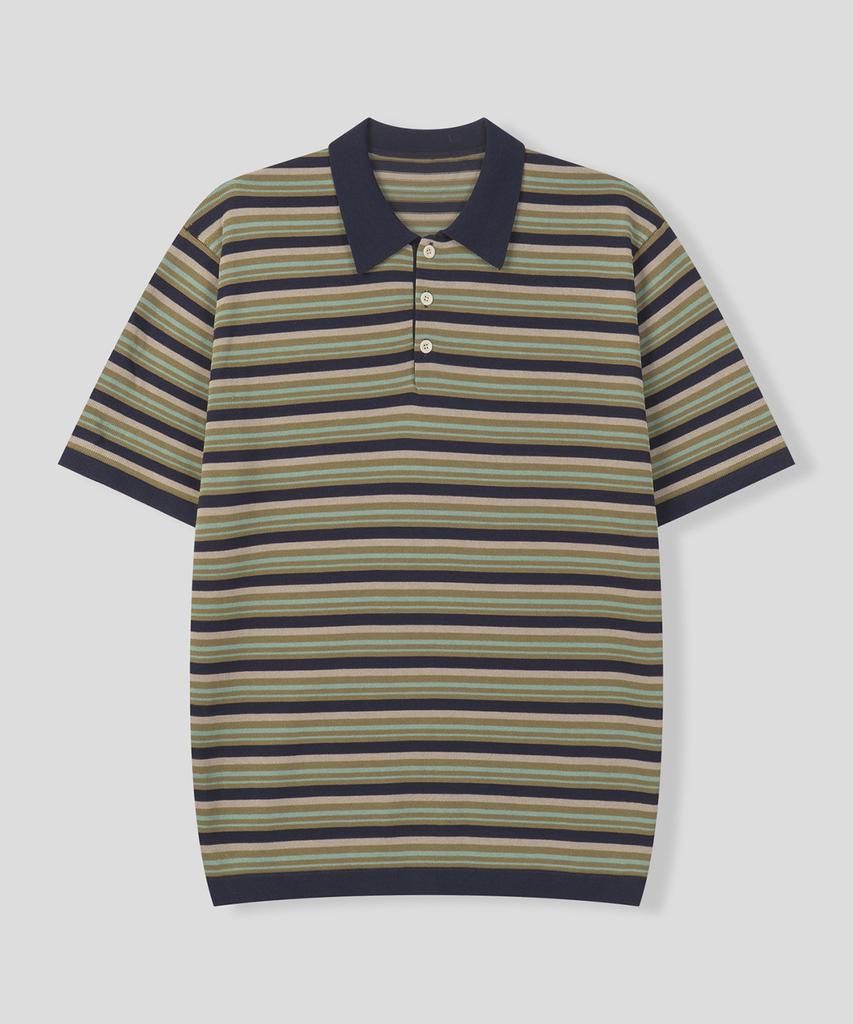 BLACK MOMENT Daily Striped Collared Knit Polo [Khaki Mix]