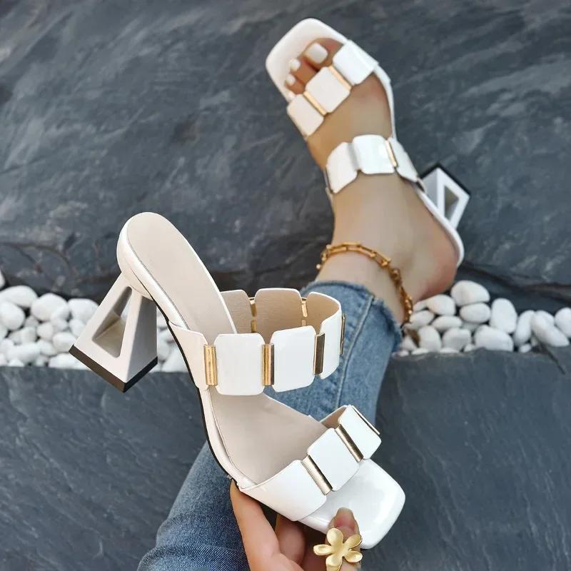 Модные женские босоножки на блочном каблуке, модные квадратные с открытым носком на одном ремешке, нескользящие, износостойкие, темпераментные туфли на высоком каблуке, шлепанцы, сандалии