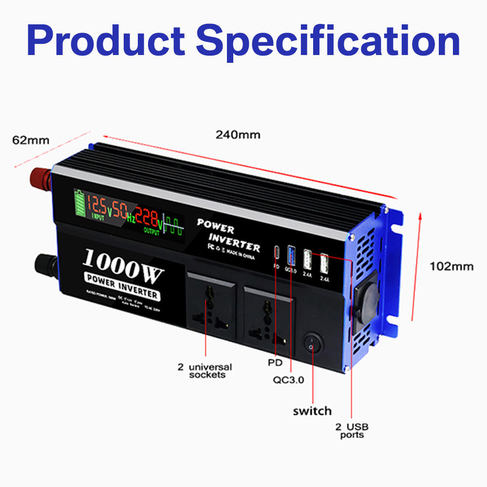 Инвертор DC 12V 24V в AC 110V 220V Чистая синусоида 1000 Вт Преобразователь мощности для автомобильного и моторного использования