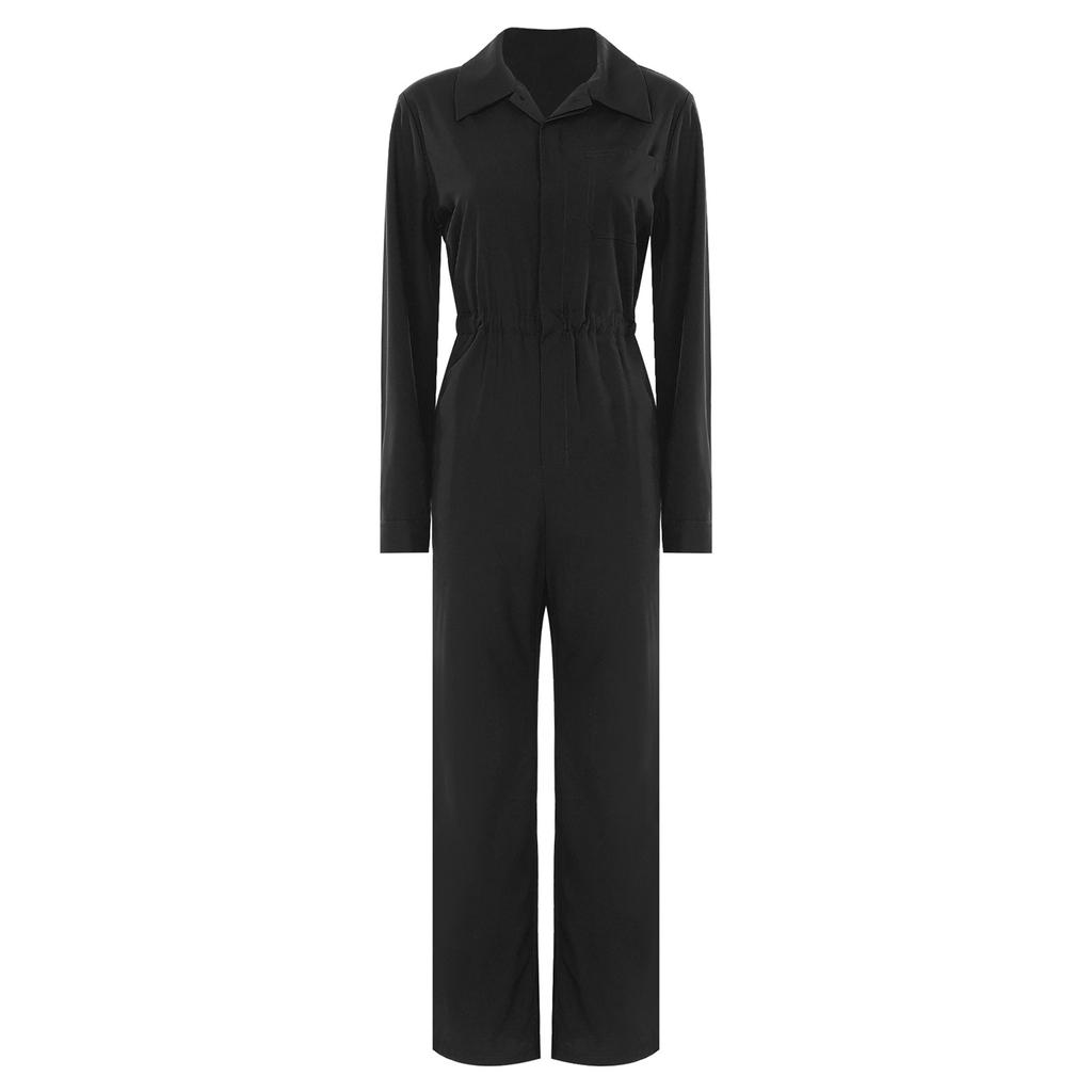 Womens Fashion Jumpsuit Button Front Design Casual Solid Color Turn Down Collar Long Sleeve Coverall