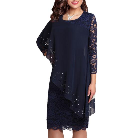 Плюс размер однотонное женское двухслойное платье миди с рукавами 3/4 и круглым вырезом