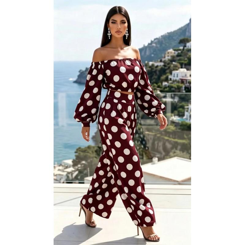2026 Womens Polka Dot Off Shoulder Long Sleeve Top Wide Leg Pants Set Streetwear