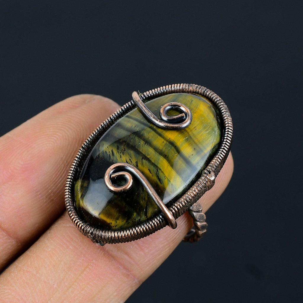 Ювелирное кольцо ручной работы с медной проволокой из драгоценного камня тигрового глаза для нее всех размеров