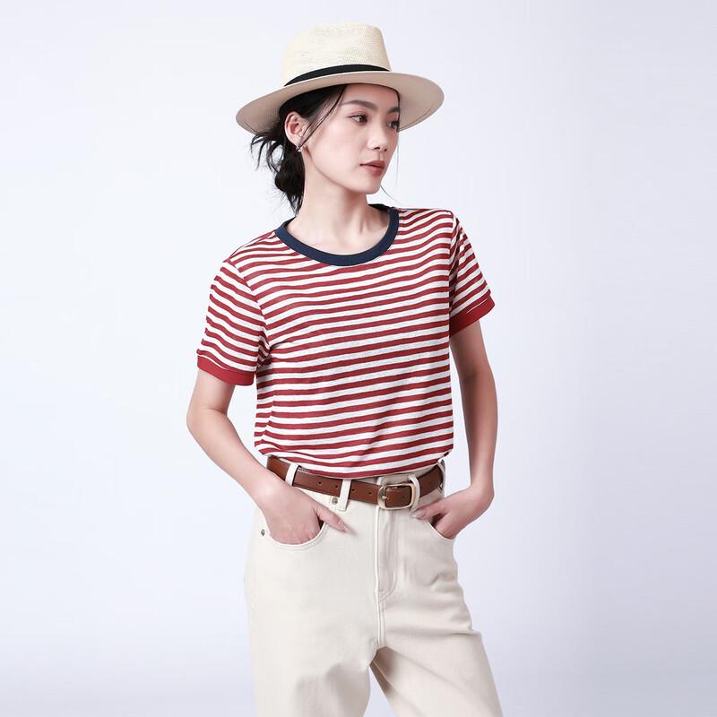 RAIN.CUN Women's Red Stripe Knit Short-Sleeve T-Shirt