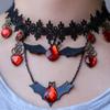 Dark Style Gothic Choker Red Rhinestone Heart Bat Earrings Halloween Necklace  Holiday Gift