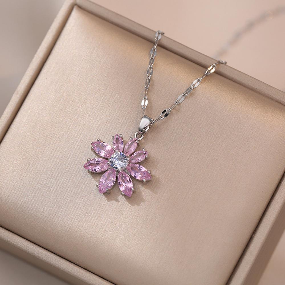 Cute Plant Female White Pink Zircon Stone Flower Pendant Necklace Silver Color Wedding Jewelry For Women