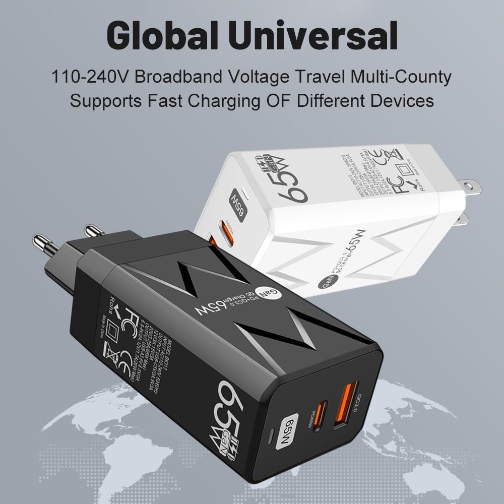 PD Fast Charging 65W GaN Type C QC 3.0 Quick Charger Wall Adapter For iPhone iPad Xiaomi Samsung EU/US/KR Plug