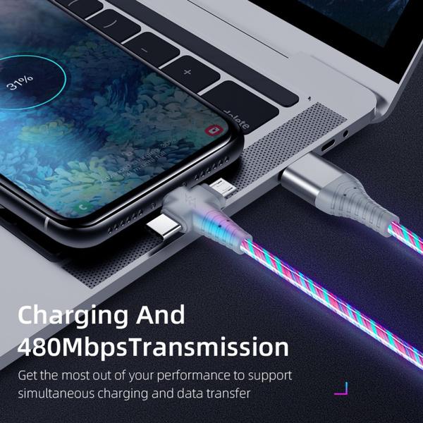 Светящийся кабель USB 3-в-1 для iPhone 3 в 1 2 в 1 LED Micro USB Type C 8-контактный зарядный кабель