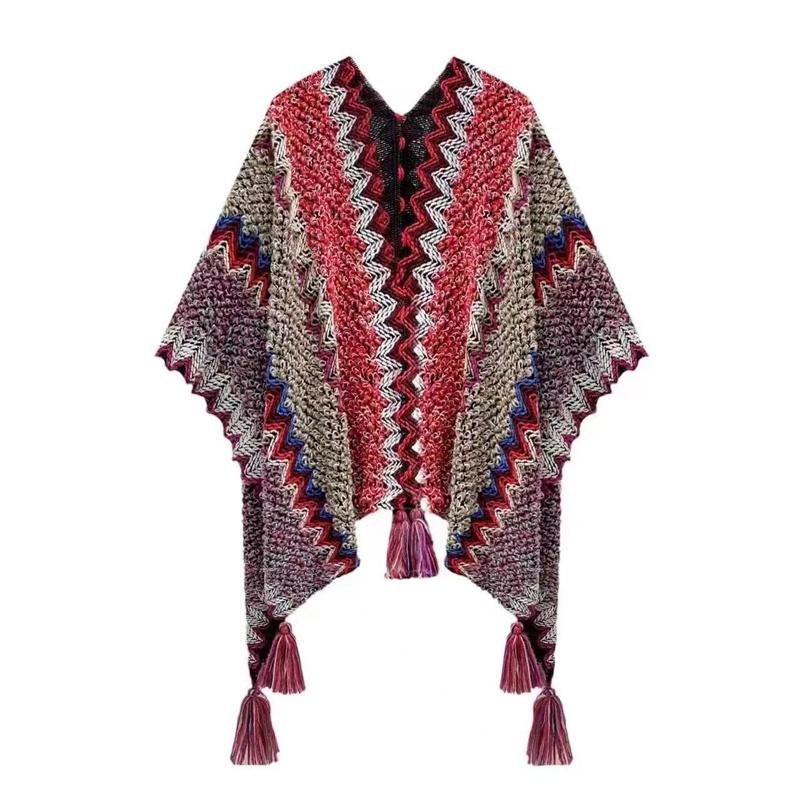 Ethnic Style Knitted Poncho Cape Vintage Bohemian Tassel Cloak Warm Shawl Travel Coat Cardigan Sweater