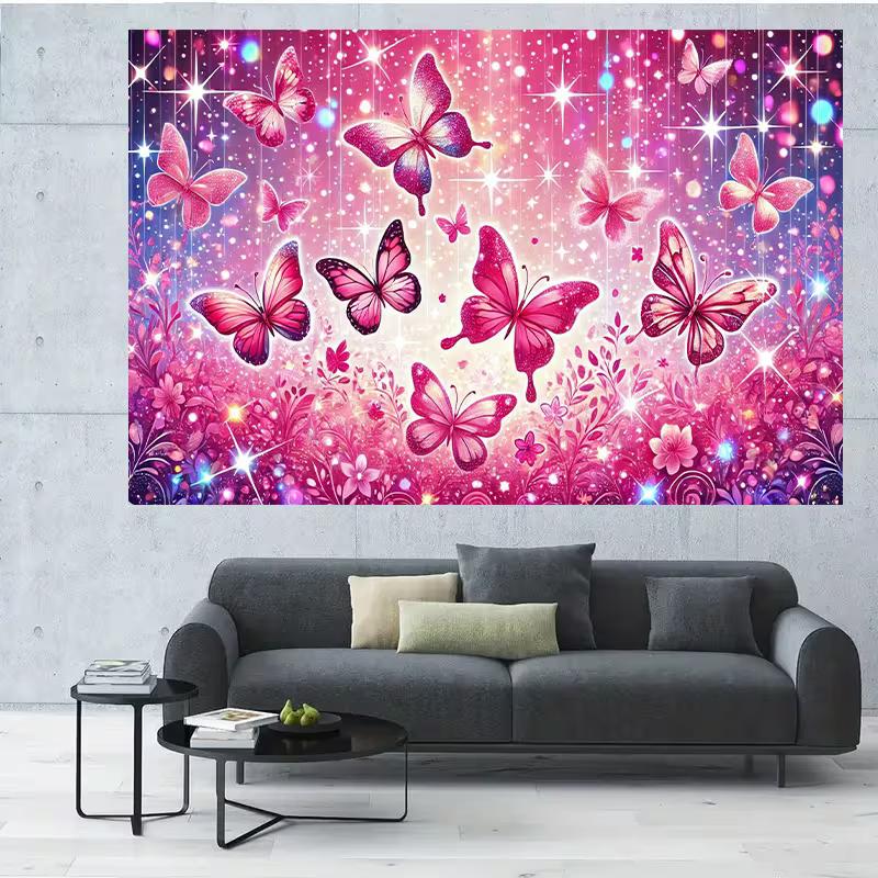 2D Pink Butterfly Themed Backdrop Sparkle Glitter Floral Party Decoration Banner