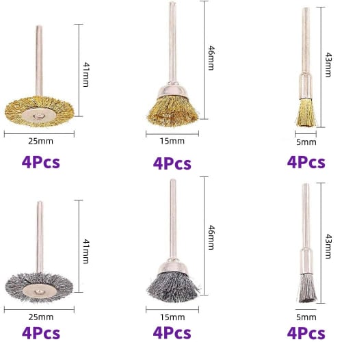 SensaBliss Wire Brushes, Router Brushes, Drill Brushes, 24-Piece Set with 3mm Shanks, 3 Types: T-Shaped, Bowl-Shaped, and Pen-Shaped, Abrasive Brushes