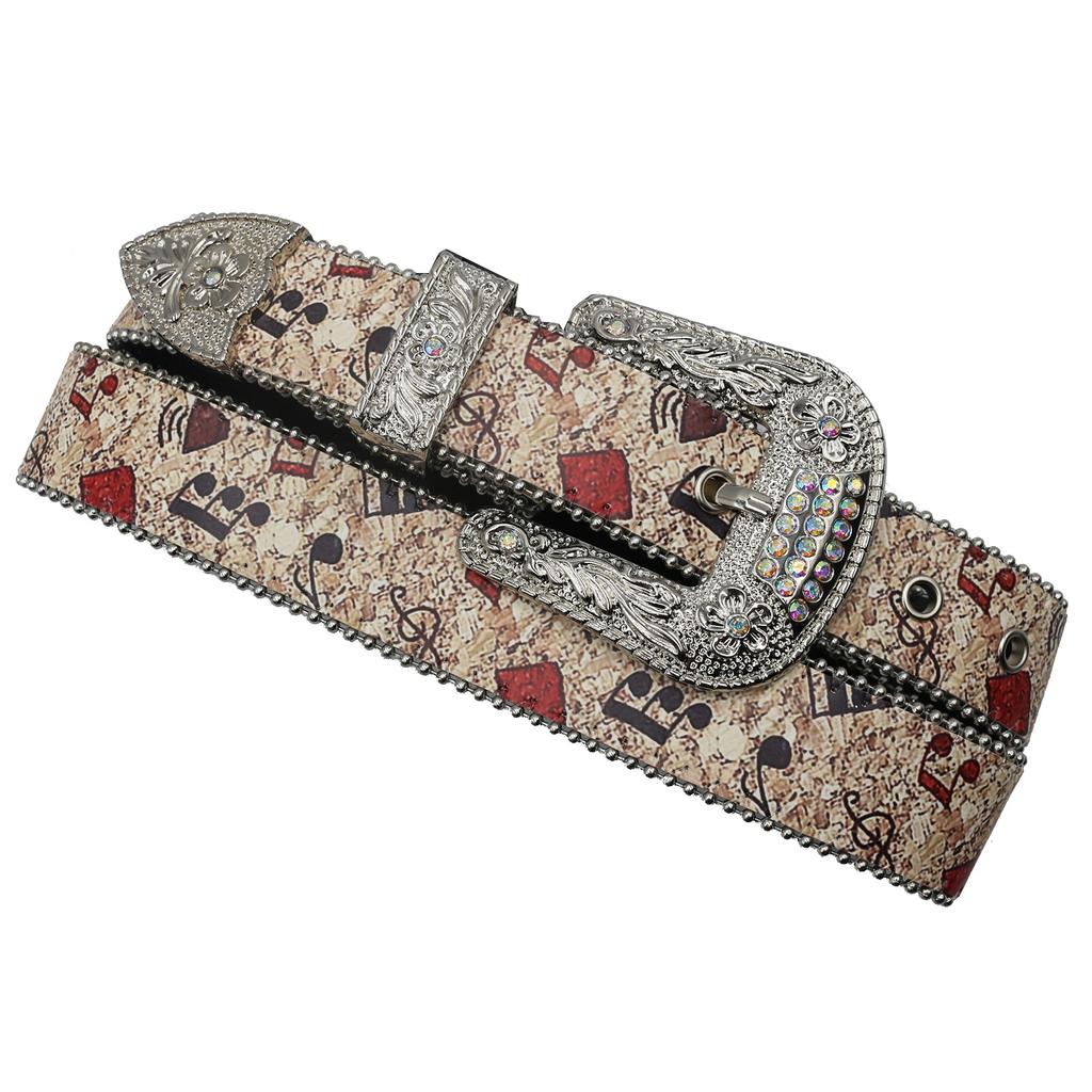 Оригинальный дизайн ремня с принтом музыкальных нот и стразами Y2K Personality Trend Pu Leather Belt