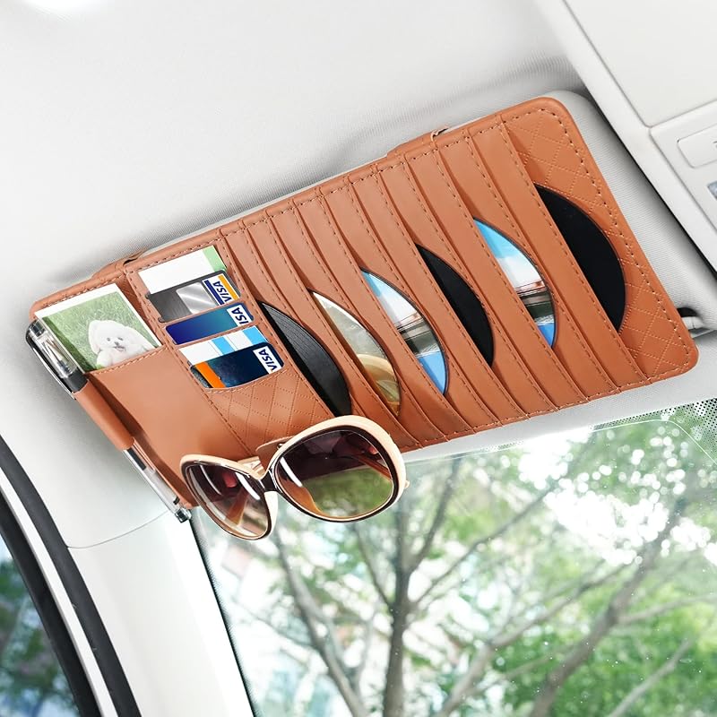 Alpmosn Sun Visor CD Case Holder For Car - Multi-Function Visor Organizer With CD/DVD Storage, Eyeglass Clip, Card Slots & Pen Holder, Durable