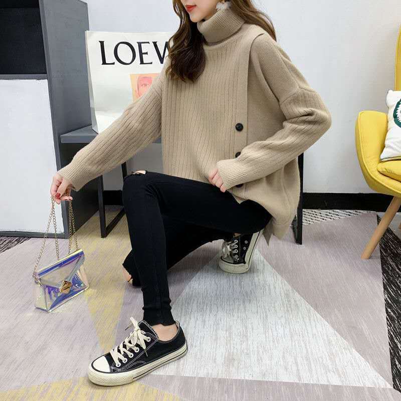 Однотонный свитер, женский свободный верх, комплект ленивого ветра, высокий воротник, корейская версия утолщенных вязаных топов