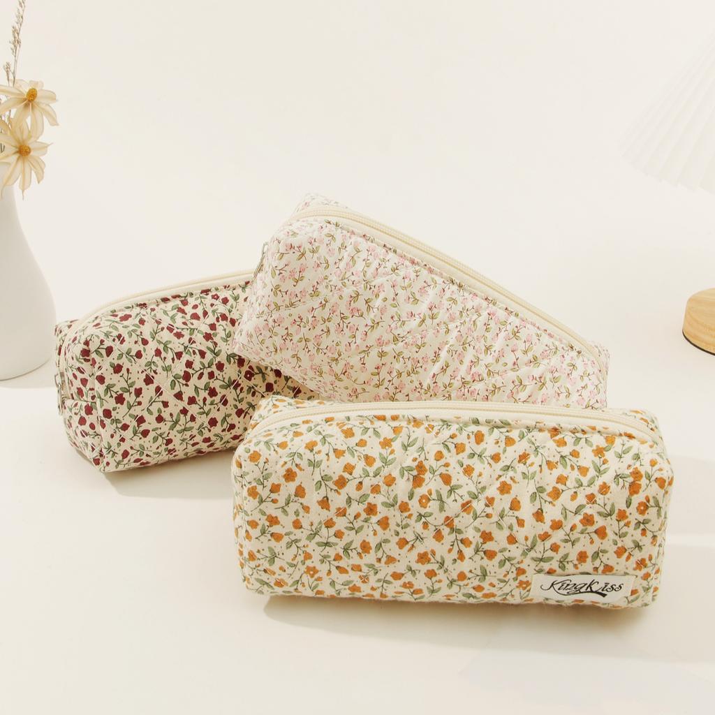 Chic Floral Pencil Case Student Girl Aesthetic Vintage Flower Strawberry Cat Pencil Bag High Capacity Stationery Storage Bag