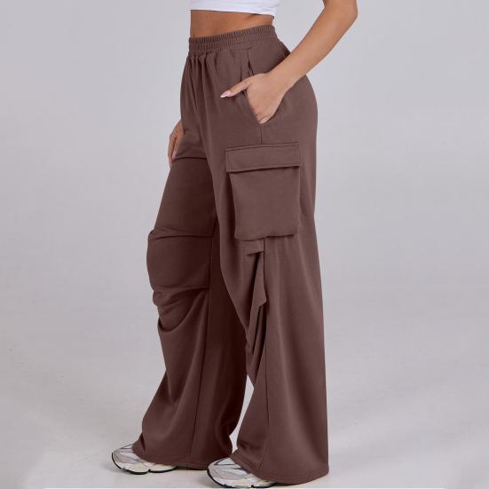 Women Cargo Pants Elastic Waist Mid-rise Straight Wide Leg Sweatpants with Multi Pockets Solid Color Casual Jogging Pants Loose Lounge Pants