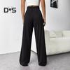 Women Pants Elastic High Waist Adjustable Drawstring Straight Wide Leg Trousers with Pockets Solid Color Casual Pants