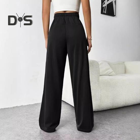 Women Pants Elastic High Waist Adjustable Drawstring Straight Wide Leg Trousers with Pockets Solid Color Casual Pants