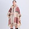 869# Women's Plaid Fleece-Lined Knitted Shawl Cape with Thick Fur Collar