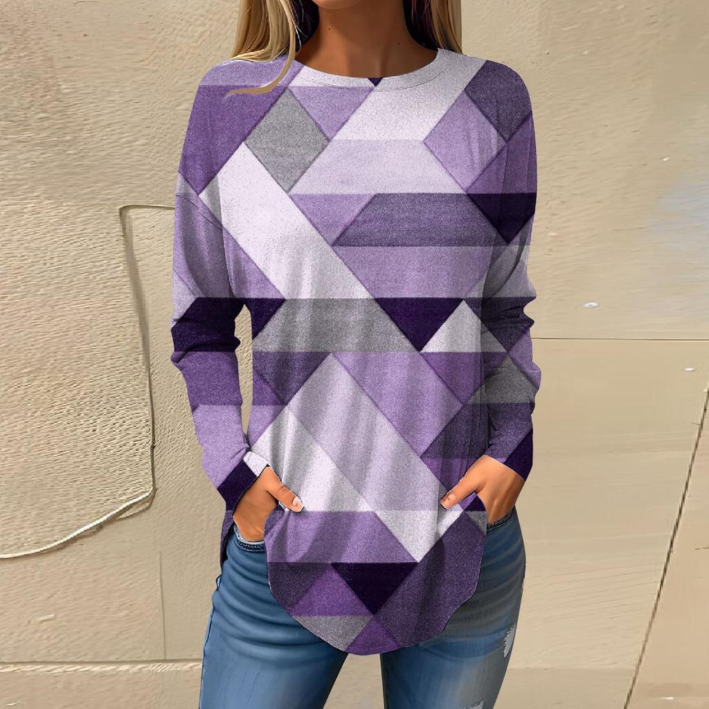Tee Shirts For Women Fall Casual Long Sleeve Shirts Sweatshirt Geometric Printing Top Pullover