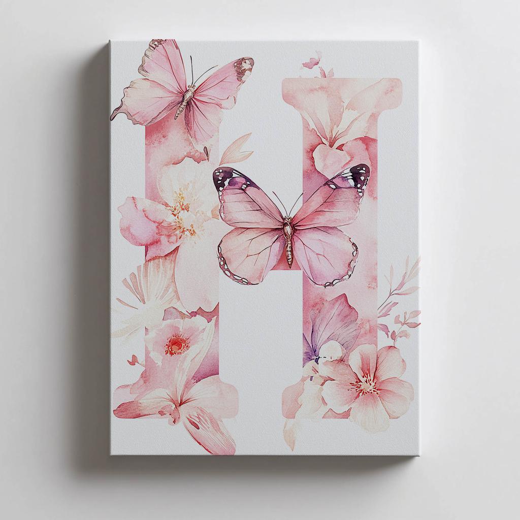 Romantic Letter H With Flowers And Butterflies Poster Romantic Letter H With Flowers And Butterflies Poster, 50X70 Cm, Black Aluminum Frame, 230 Gsm Matte Paper