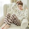 Women Autumn Winter Two Pieces Sets Warm Flannel Homewear Trousers Long-sleeved Pajamas Coral Velvet O-neck Loose Cartoon Cute