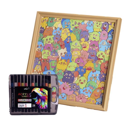 Wooden Coloring Puzzle Kit with Photo Frame Marker Pens DIY Kids Adults Hand-Painted Cartoon Jigsaw Puzzle Decoration Ornament
