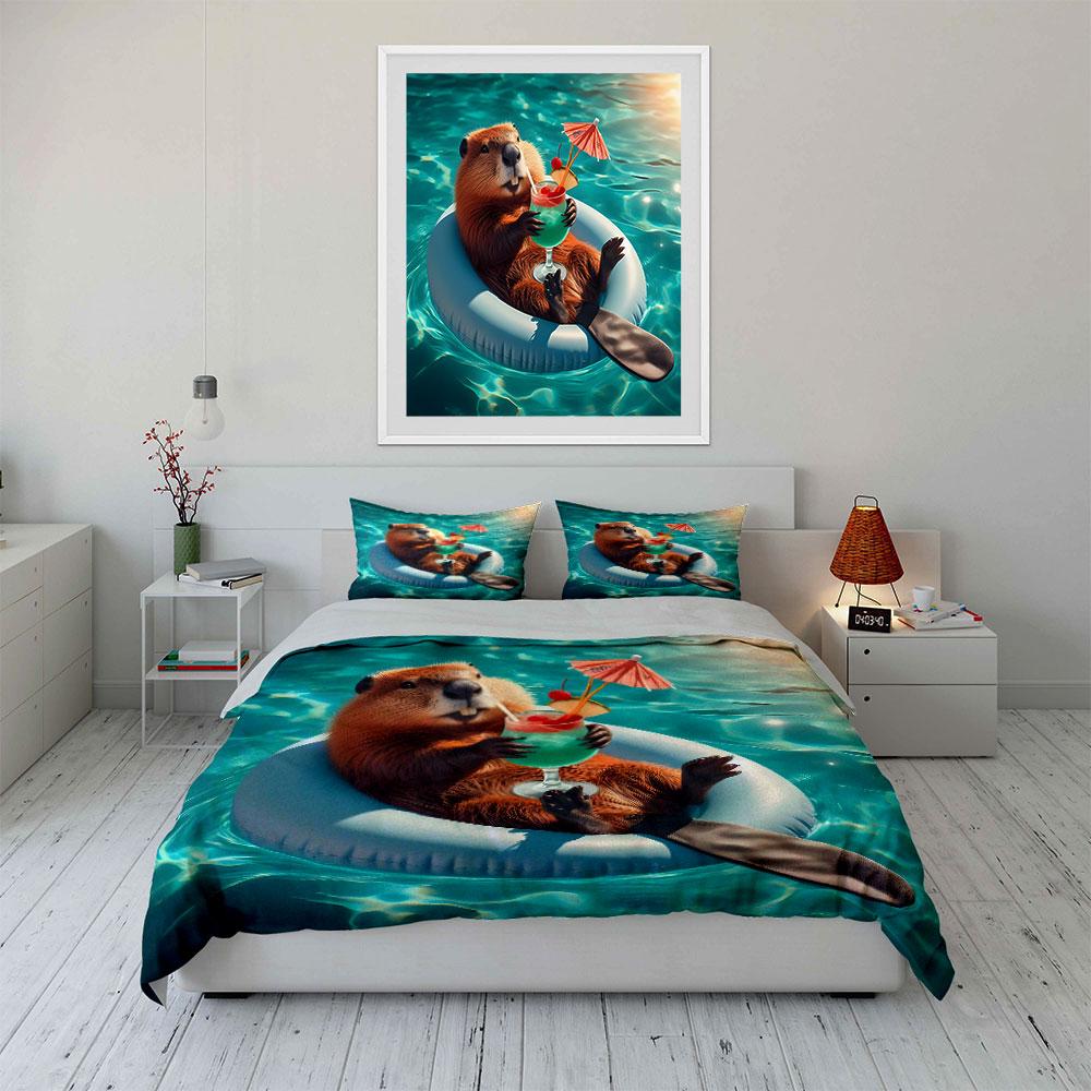 Beaver Relaxing in Pool Bedding Duvet Cover Set (1*Duvet Cover 2*Pillowcases, without duvet insert)