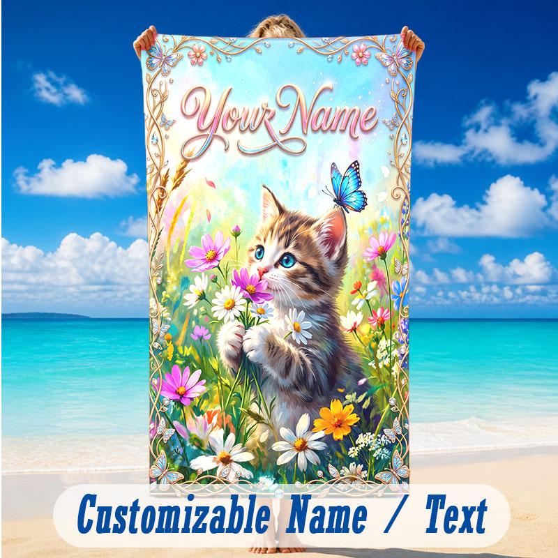 Cat Theme Beach Towel Personalized Custom Name & Text Soft Quick Dry Beach Towel for Swimming Travel