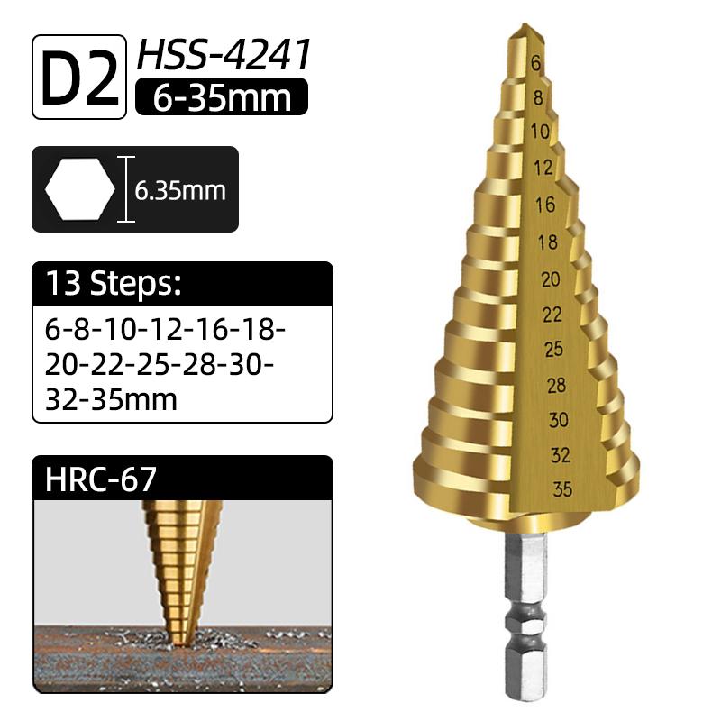HSS Титановое ступенчатое сверло Кобальтовое 4-32мм Спиральная Прямая канавка 1/4 Шестигранник Дерево Металл Резак для отверстий Коническое ступенчатое сверло Конусные инструменты