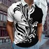 Casual Lapel T-shirt Young Men's Fashion Zipper T-shirt Short Sleeve T-shirt Men's 3D Feather Flower Print T Shirt