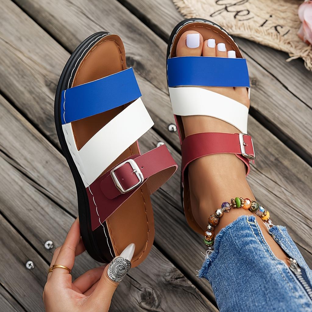 Ladies' Classic Slope Heel Sandals - Comfortable, Lightweight, Set On Style, Open Toe Design, Color Blocked Belt Buckle, Simple Slippers