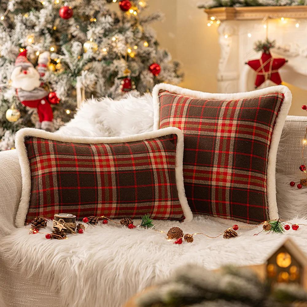 New Christmas Plaid Plush Edge Pillowcase, Winter Imitation Rabbit Fur Living Room Sofa Cushion New Christmas Party Decoration