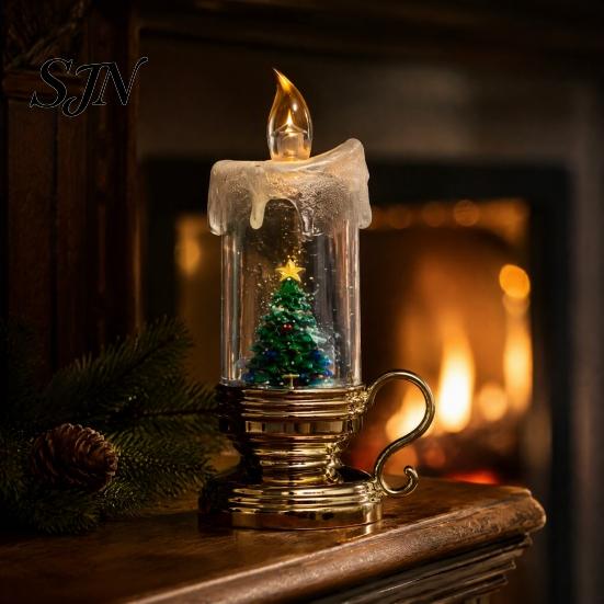 Christmas Gift for Kids Night Light, Flameless LED Water Filled Candle Lamp with Table Centerpiece Falling Snow, Vintage Tabletop Lighting Home Party,
