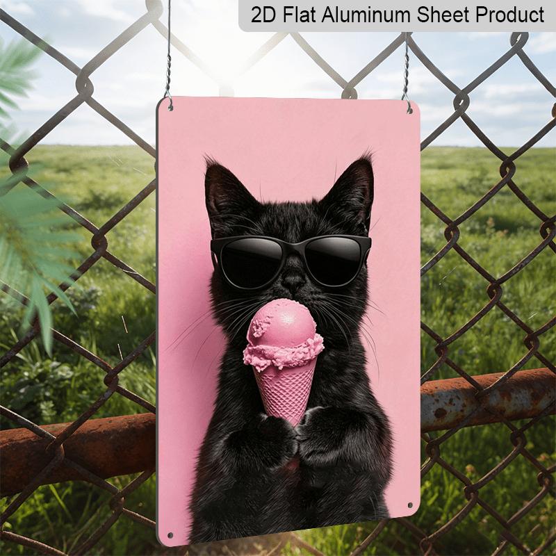 2D Flat Cool Black Cat with Sunglasses & Pink Ice Cream Metal Sign - Funny Cat Aluminum Wall Decor Kitchen & Dining Room Wall, Cat Lover Living Room
