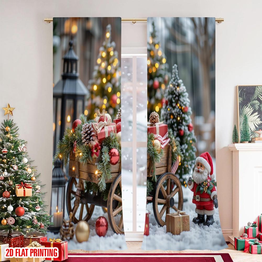 2pcs 2D flat printing Fashionable Christmas Curtains Christmas red gift wagon Digital Printed Polyester Drapes Party & Holiday