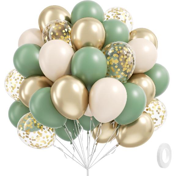 60Pcs Sage Green Sand White Metallic Gold Confetti Balloons for Boho Birthday Wedding Bridal Baby Shower Engagement Party Decor 5