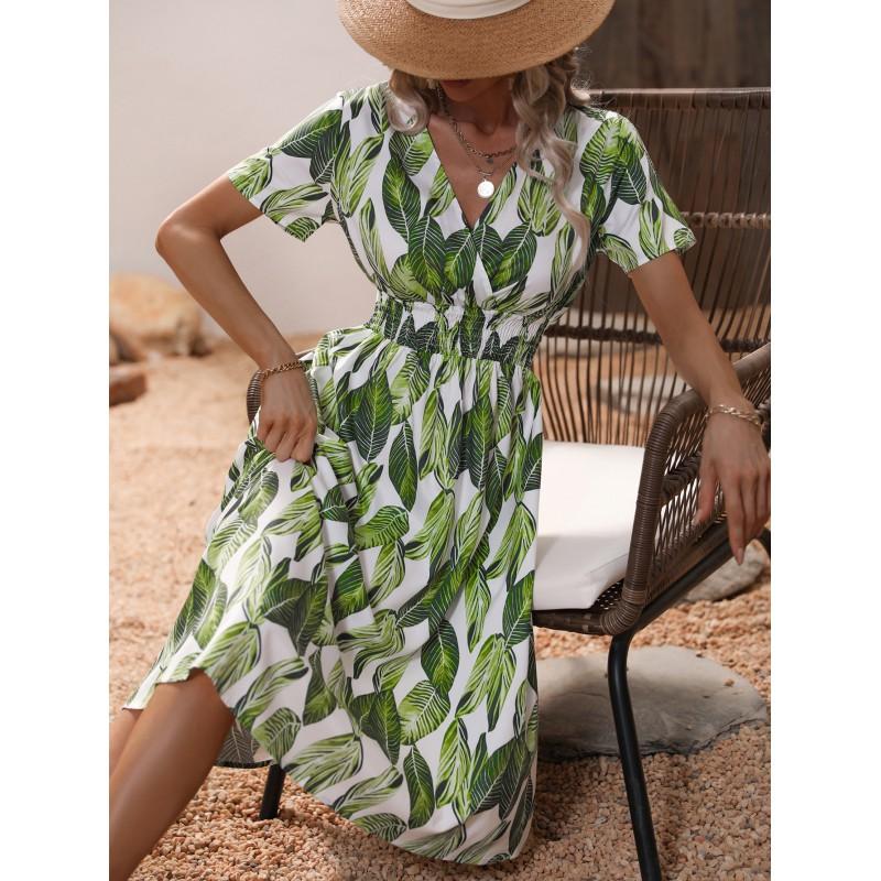 Womens Short Sleeve Floral Print Dress Loose V-Neck Casual Mid-Length