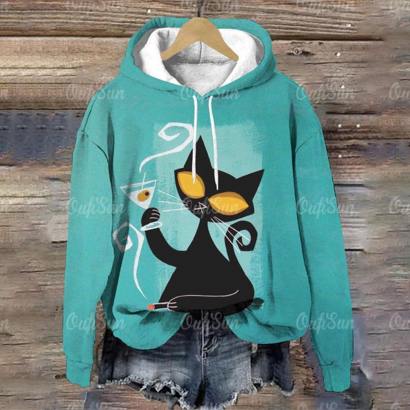Милая кошечка женская толстовка с капюшоном для осени/зимы женская одежда Harajuku Kawaii Animal Print Long Sleeves Sweatshirt Fashion Casual Top