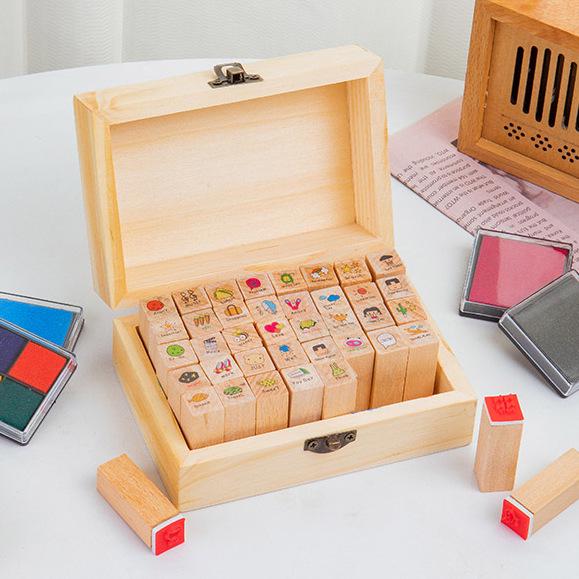 Набор штампов для дневника в деревянной коробке: Милые дизайны с кроликами и кошками, 40 штук, 4 стиля