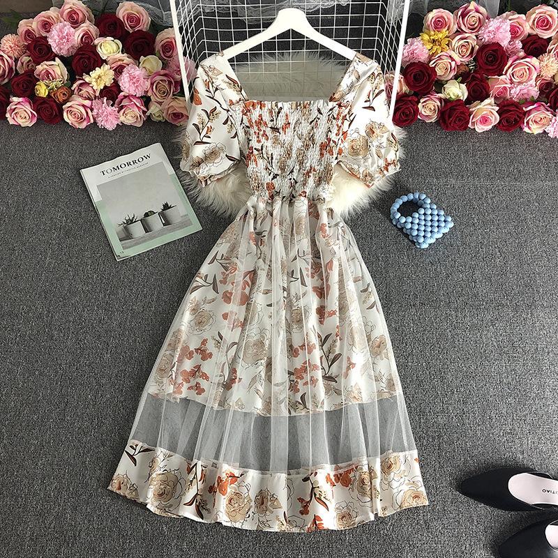 Mesh waist dress spring new square neck pullover medium and long dress commuter short sleeves high waist printing tide